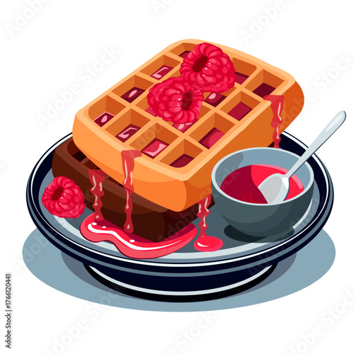 waffles with raspberries and jam on a plate