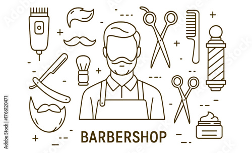 Barbershop line art — barber tools, haircuts and grooming vector illustration