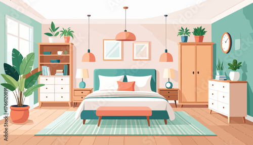 Bedroom interior flat color vector illustration. Cozy living room. Residential lifestyle. Double sized bed. Household room with furniture. Modern home 2D cartoon interior with furnishing on background