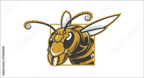 A stylized mascot logo of a fierce yellow jacket wasp head with curled antennae, framed within a square.