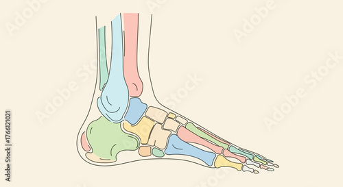 Detailed anatomical illustration of the human foot bones.