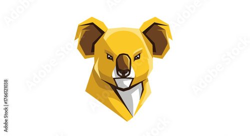 Illustration of a golden koala head with a geometric design, showcasing its ears, nose, and teeth on a white background.