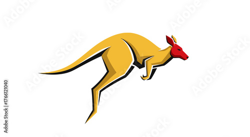 Stylized illustration of a leaping kangaroo with a yellow body and red head on a white background.