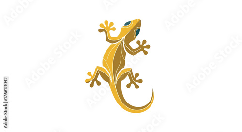 A stylized illustration of a golden gecko with blue eyes, clinging to a white background.