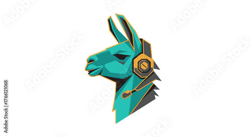 Stylized profile of a teal llama wearing a golden gaming headset, designed as a modern esports mascot logo.