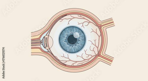 Anatomical Illustration of a Human Eye with Blue Iris and Blood Vessels.