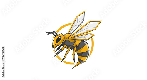 Stylized graphic illustration of an aggressive yellow and black hornet or wasp mascot in a dynamic flying pose.