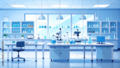 Chemistry laboratory flat color vector illustration. Science lab, pharmaceutical research center 2D cartoon interior design with medical equipment on background. Modern medical institution decor

