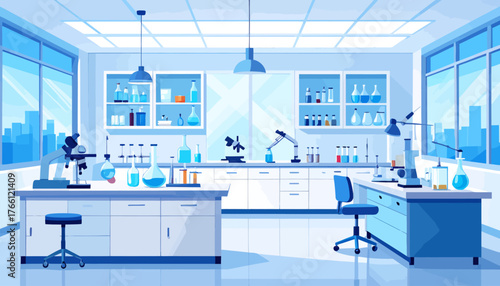 Chemistry laboratory flat color vector illustration. Science lab, pharmaceutical research center 2D cartoon interior design with medical equipment on background. Modern medical institution decor

