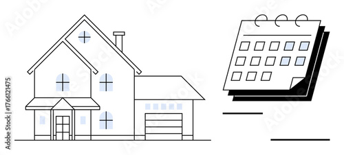 Large contemporary house with detailed elements next to a calendar illustration. Ideal for real estate, home buying, rental planning, scheduling, architectural themes, property investment, simple