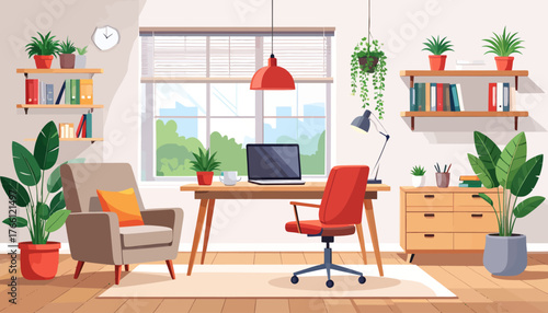 Corporate office flat color vector illustration. Business company CEO workplace 2D cartoon interior design with furniture on background. Professional freelancer workspace, modern apartment decor