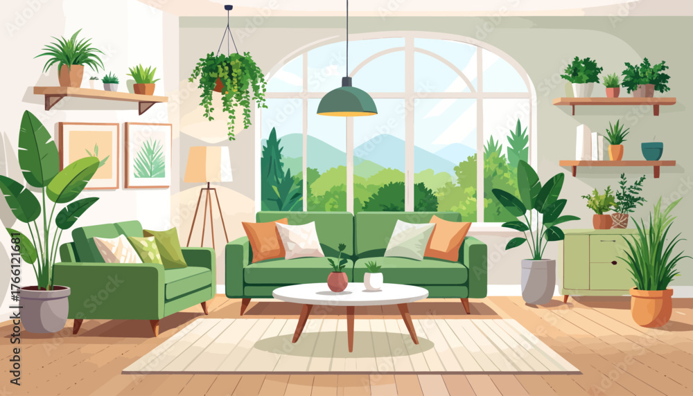 Fototapeta premium Sage green and pink contemporary living room flat color vector illustration. Spacious modern house. Fully editable 2D simple cartoon interior with apartment furniture and accessories on background 