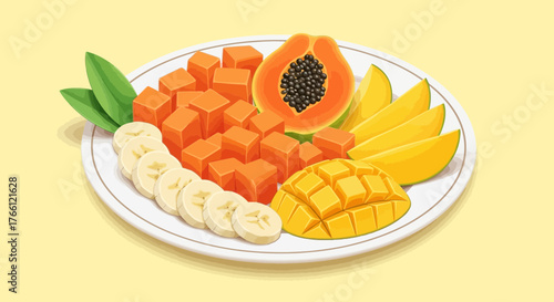 Exotic fruit platter with papaya, mango, and banana for a refreshing treat
