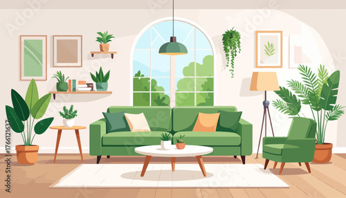 Sage green and pink contemporary living room flat color vector illustration. Spacious modern house. Fully editable 2D simple cartoon interior with apartment furniture and accessories on background
