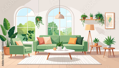 Sage green and pink contemporary living room flat color vector illustration. Spacious modern house. Fully editable 2D simple cartoon interior with apartment furniture and accessories on background
