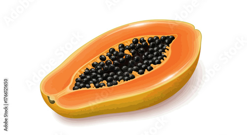 Exotic papaya fruit half with black seeds isolated against white background