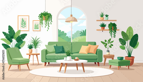 Sage green and pink contemporary living room flat color vector illustration. Spacious modern house. Fully editable 2D simple cartoon interior with apartment furniture and accessories on background
