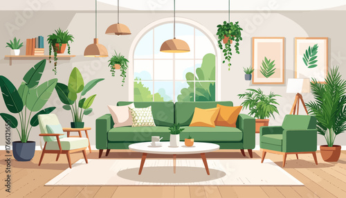 Sage green and pink contemporary living room flat color vector illustration. Spacious modern house. Fully editable 2D simple cartoon interior with apartment furniture and accessories on background
