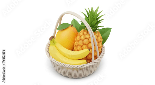 Exotic tropical fruit assortment in woven basket on a white background