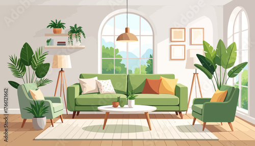 Sage green and pink contemporary living room flat color vector illustration. Spacious modern house. Fully editable 2D simple cartoon interior with apartment furniture and accessories on background
