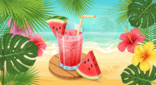 Exotic Tropical Beverage at Beach with Hibiscus and Palm Fronds Illustration