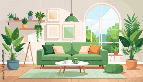 Sage green and pink contemporary living room flat color vector illustration. Spacious modern house. Fully editable 2D simple cartoon interior with apartment furniture and accessories on background
