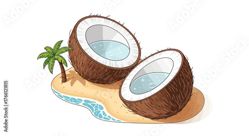 Tropical coconut halves on a tiny beach island with a palm tree