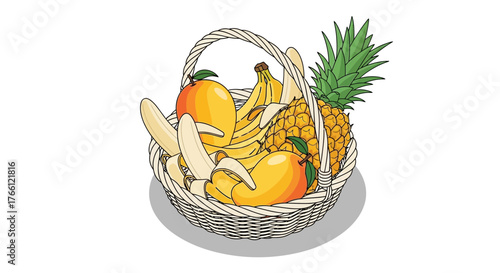 Tropical fruit assortment in a woven basket, vibrant colors and textures