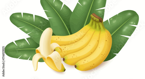 Vibrant banana bunch with exotic leaves, a tropical fruit illustration