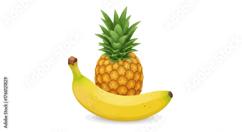 Vibrant combination of a banana and a pineapple on a white backdrop