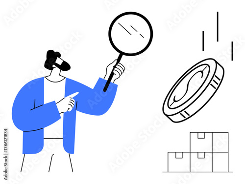 Person holding magnifying glass, inspecting a falling coin. Boxes piled nearby. Ideal for finance, investment, audit, analysis, commerce market research decision-making. Minimalist flat metaphor