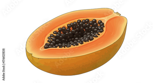 Vibrant papaya half exhibiting its fleshy pulp and numerous dark seeds