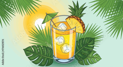 Vivid summer cocktail illustration with tropical leaves and sun backdrop