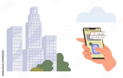 Hand holding smartphone with fingerprint scanner and security code, skyscrapers in background. Ideal for digital security, technology, privacy, cloud computing, online payment, biometrics, data