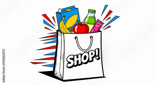A dynamic marketing and business concept for advertising with a shopping bag in pop art vector illustration