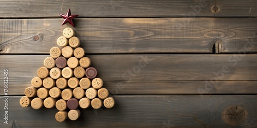 Rustic christmas tree made of wine corks on wooden background, eco friendly festive decoration, copy space