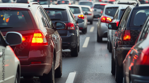 A dense traffic jam of colorful cars on a wet road brake lights glowing brightly.