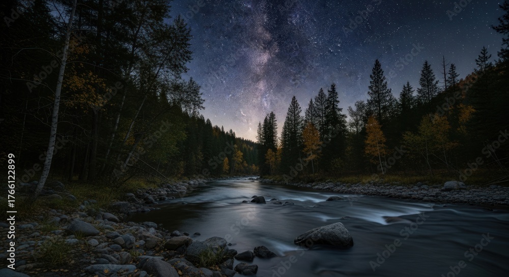 Fototapeta premium Majestic Milky Way over a Serene Forest River in Autumn Night with Long Exposure
