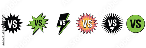 Versus VS text logo icon set — colorful comic explosion symbols, battle match emblem collection, competition graphic elements for game, sport, and fight design.