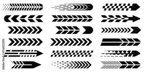 Arrow speed line vector set — dynamic motion graphics, fast direction symbols, racing stripe elements for automotive design, technology background, or futuristic movement