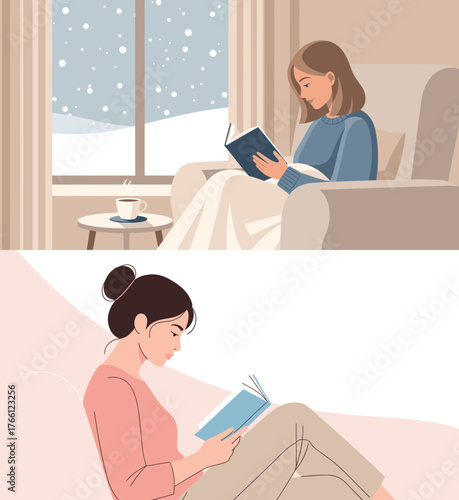 Woman reading book in cozy home interior during summer and winter seasons for lifestyle and relaxation illustration