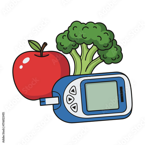 Healthy food diabetes composition with apple broccoli and glucometer for nutrition and health education design
