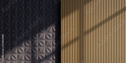Modern Interior Wall Textures Background: Dark Acoustic Panel with Geometric Pattern and Vertical Wood Slats with Sunlight Shadows for Minimalist Decor, Architectural Rendering, Product Display Mockup