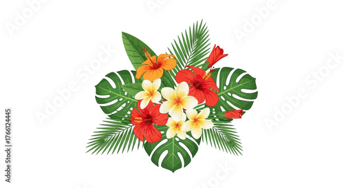 Vibrant tropical blossom arrangement with hibiscus and frangipani flowers
