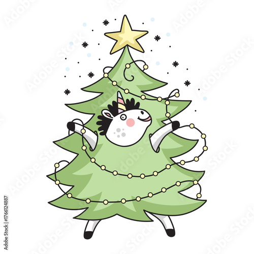 Cute unicorn in a Christmas tree costume vector illustration