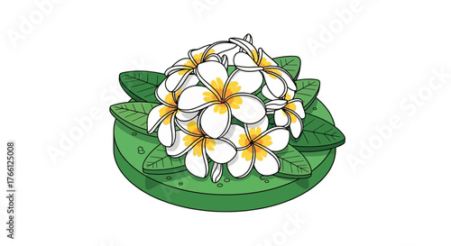 Elegant illustration of frangipani blooms and verdant leaf composition