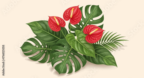 Exotic bloom arrangement featuring anthuriums and tropical foliage design