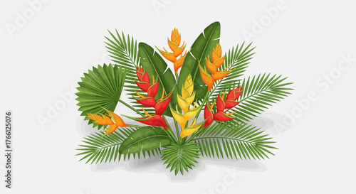 Exotic blooms amidst tropical foliage, a colorful arrangement of nature's beauty