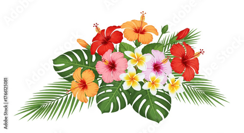 Exotic blooms and tropical foliage arrangement for summery decorations