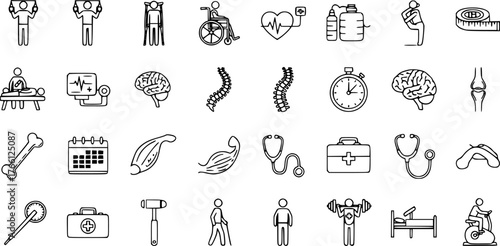Essential healthcare and rehabilitation icons set for physical therapy